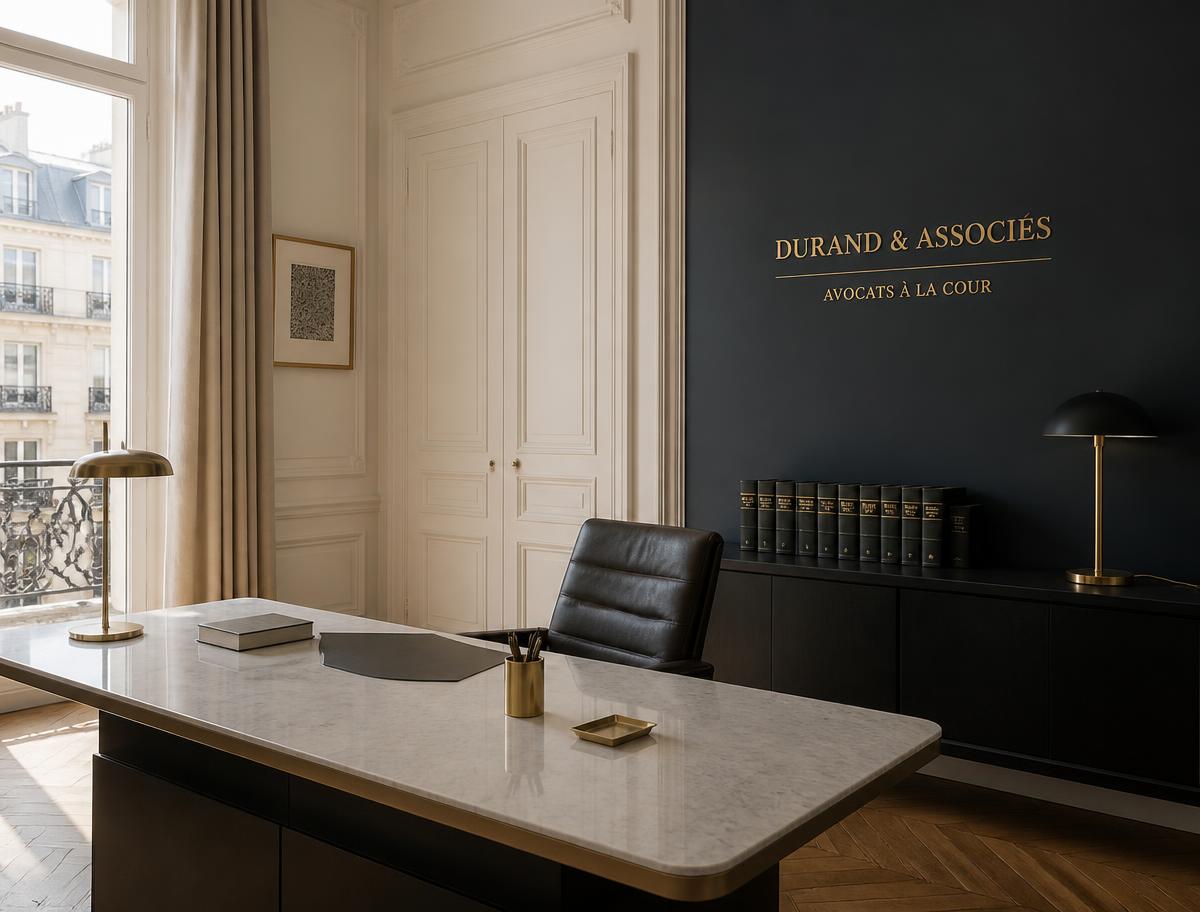 Escritório de advocacia elegante com detalhes dourados